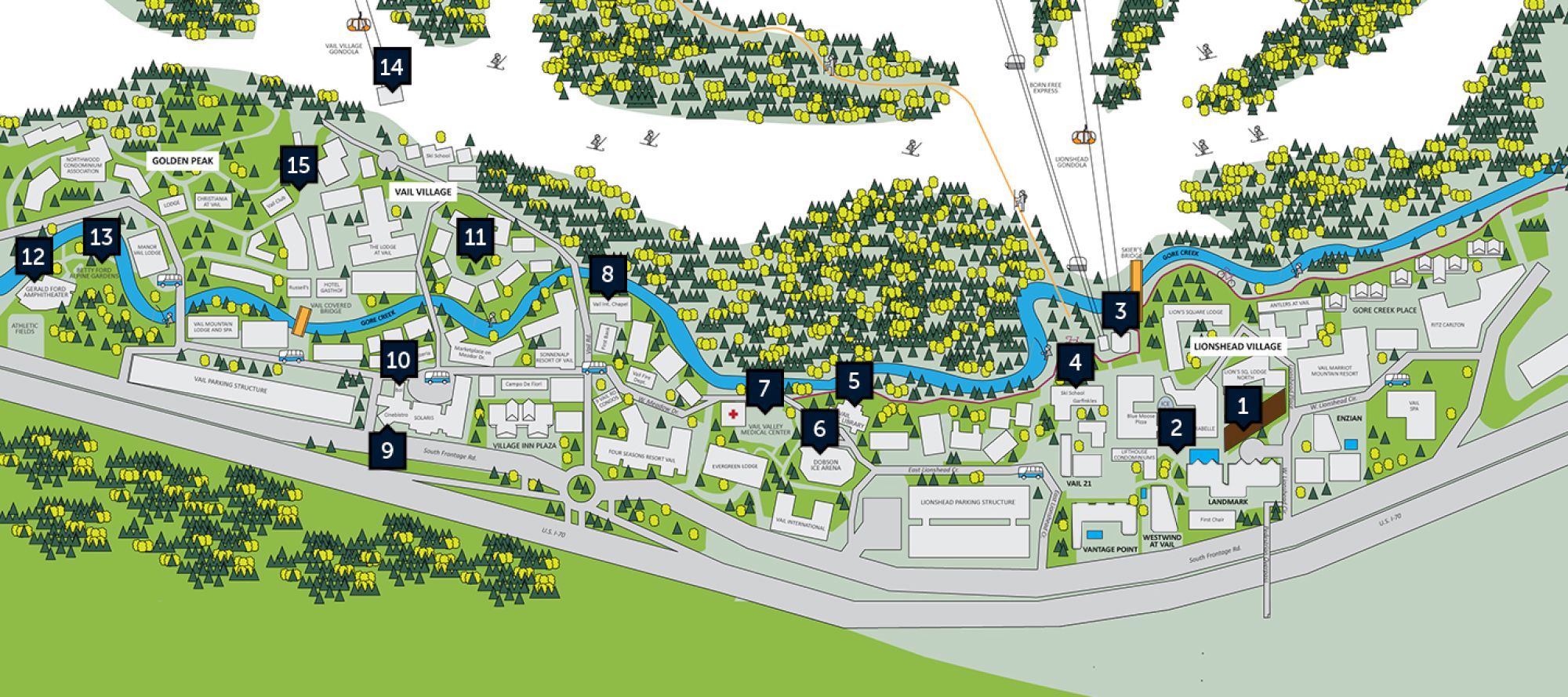 A detailed campus map featuring buildings labeled from 1 to 15, roads, walking paths, and a river running through it, surrounded by trees.