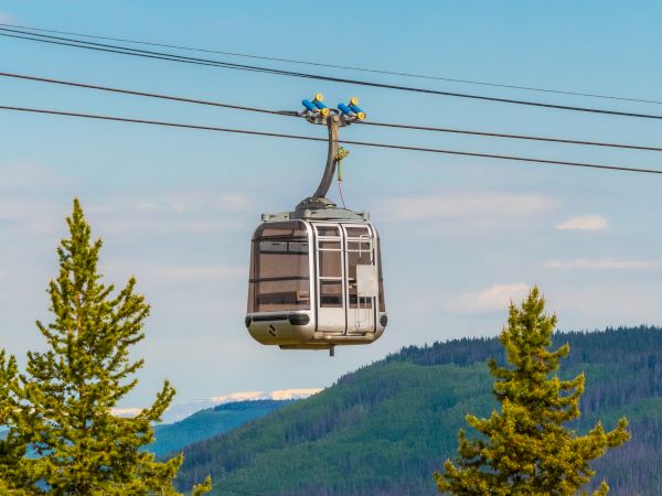 The image shows a cable car suspended on wires, moving above a forested area with mountains in the background.