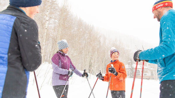 A group of four people dressed in winter gear are skiing together in a snowy landscape, enjoying a conversation.