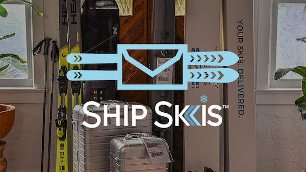 The image shows ski gear, including skis, poles, ski boots, and suitcases, with the "Ship Skis" logo and the text "Your Skis. Delivered." on a box.