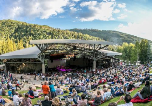 An outdoor concert venue surrounded by mountains and trees, with a large crowd seated on grass and under a roof, enjoying a live performance.