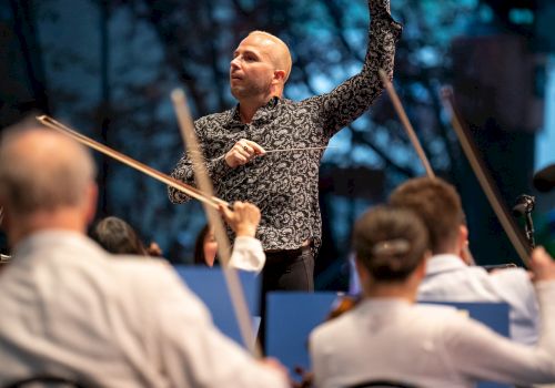 A conductor leading an orchestra performance, with musicians playing string instruments, and the background showcasing a serene, tree-filled scene.