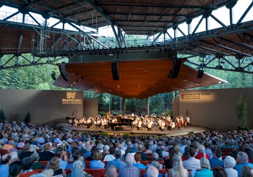 An outdoor concert with a symphony orchestra performing on stage, surrounded by a large audience under a wooden canopy structure in a forested area.