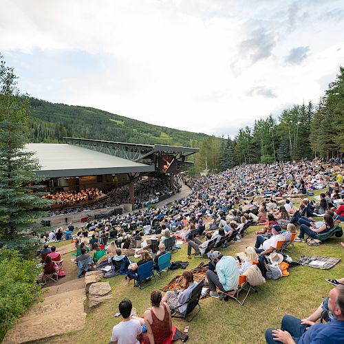 A large crowd attending an outdoor concert in a forested amphitheater with people sitting on the grass, enjoying the performance under a cloudy sky.