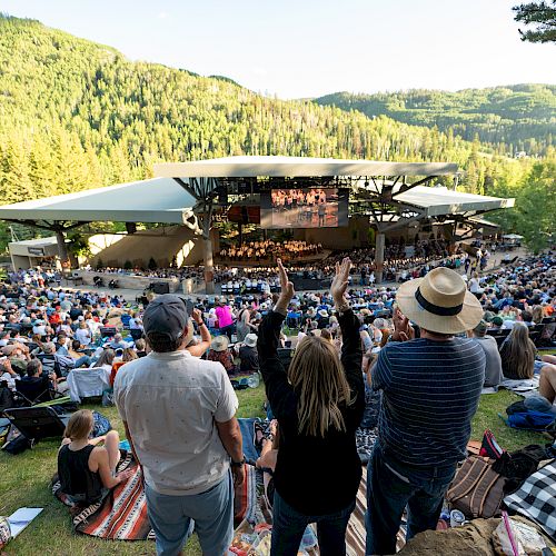 An outdoor concert in a mountain setting with a large audience, some standing and cheering, enjoying the performance on a clear day.